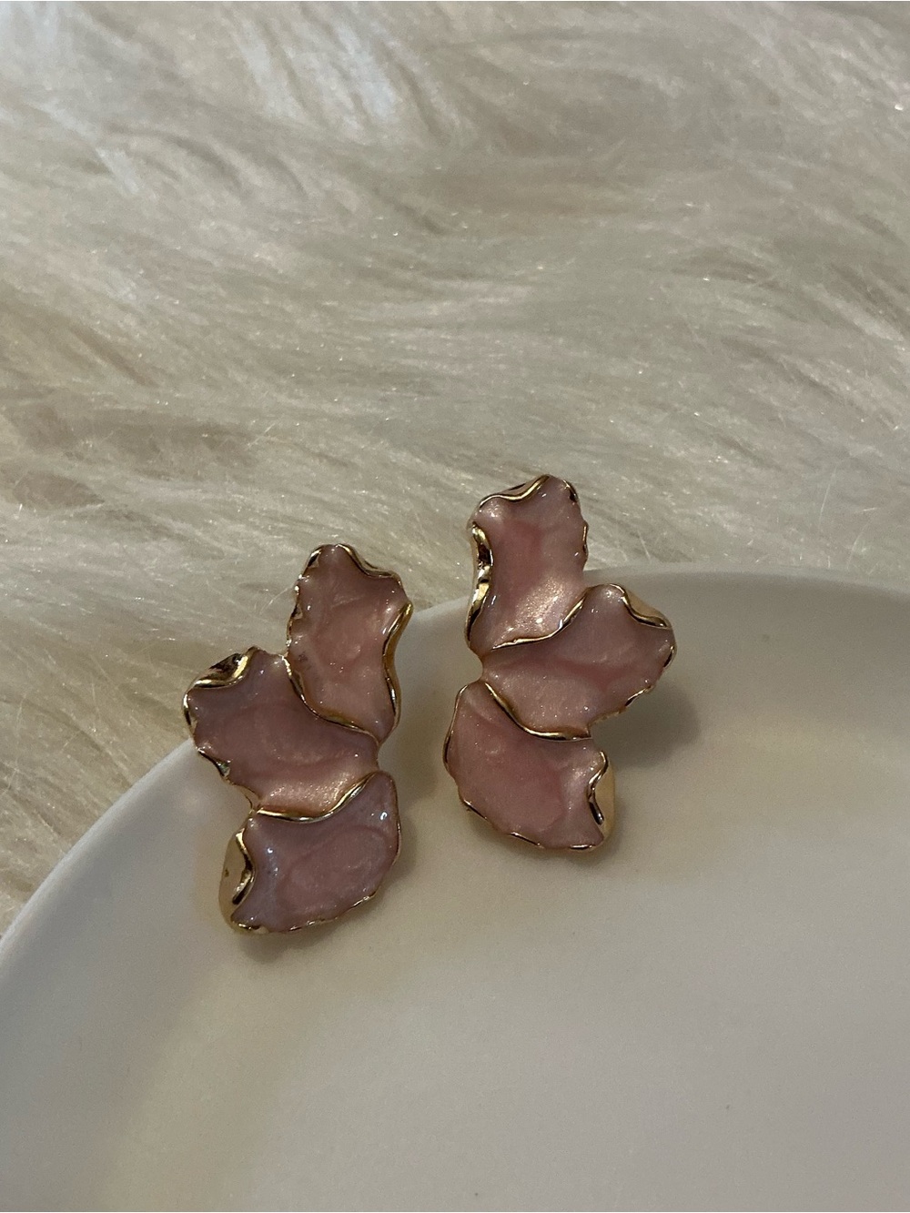 Glossy marble-ish light pink/gold-tone pretty, elegant large stud earrings